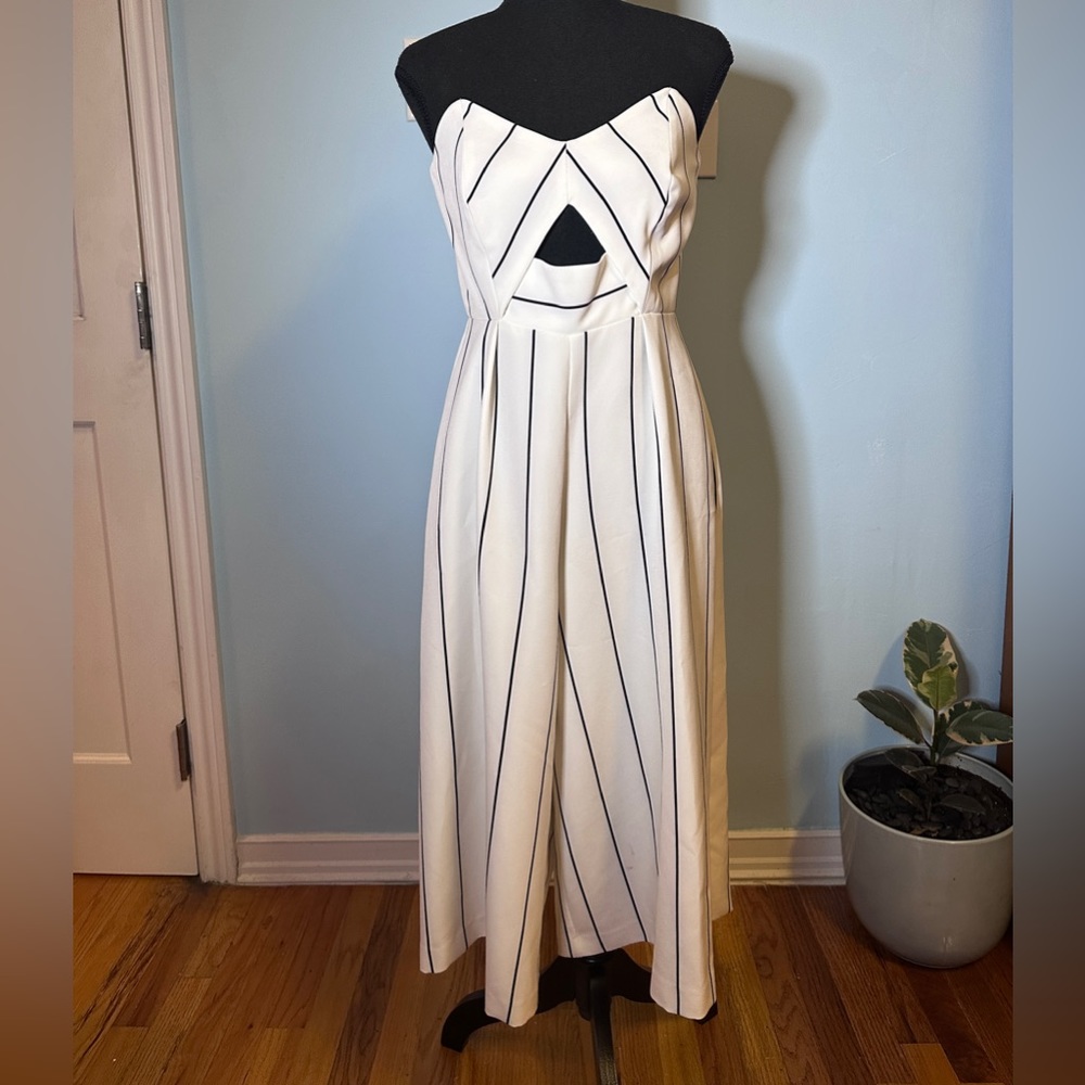 White with black stripe strapless jumpsuit by River Island